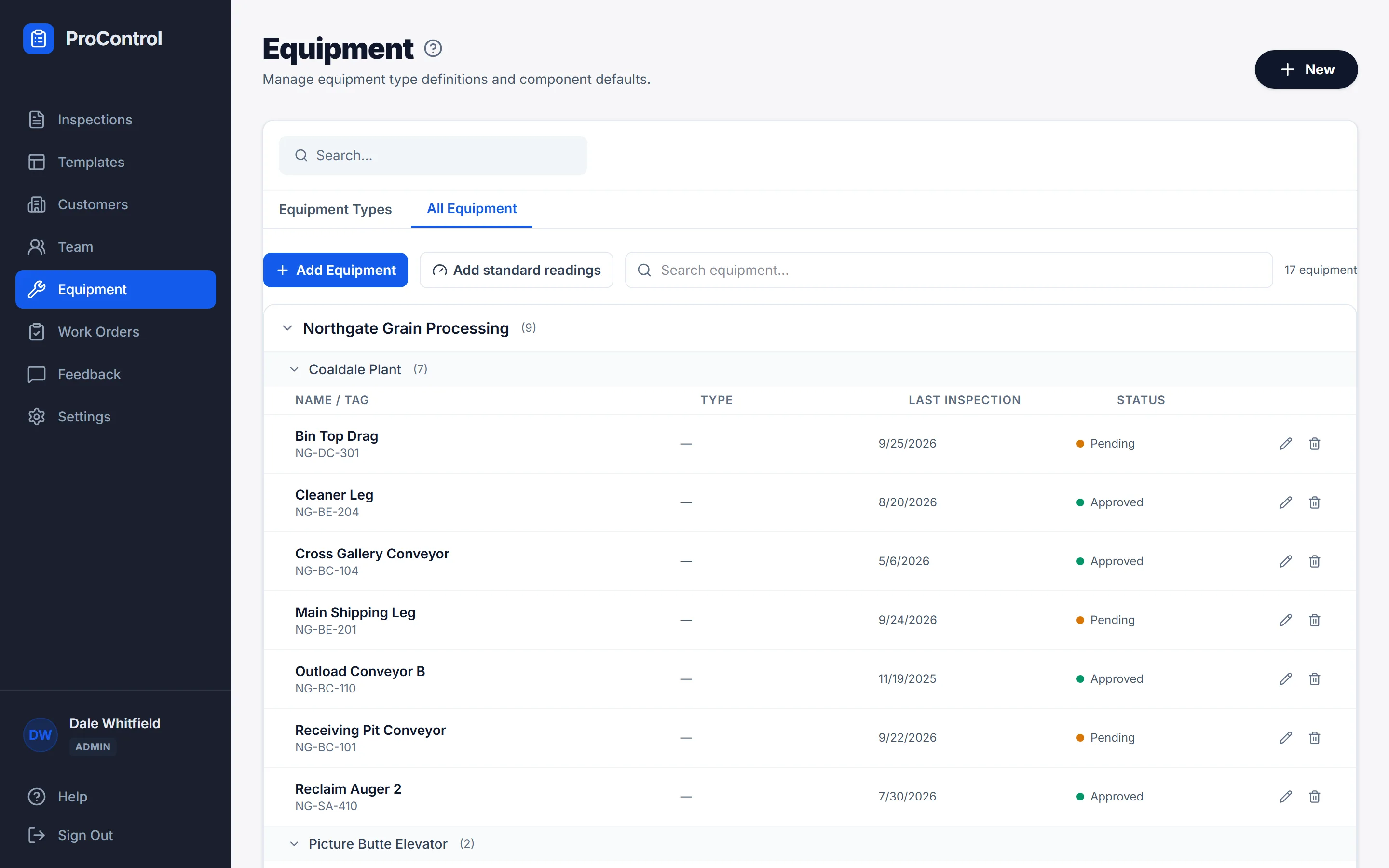 The All Equipment view on a desktop, listing equipment grouped by customer and site with last-inspected badges