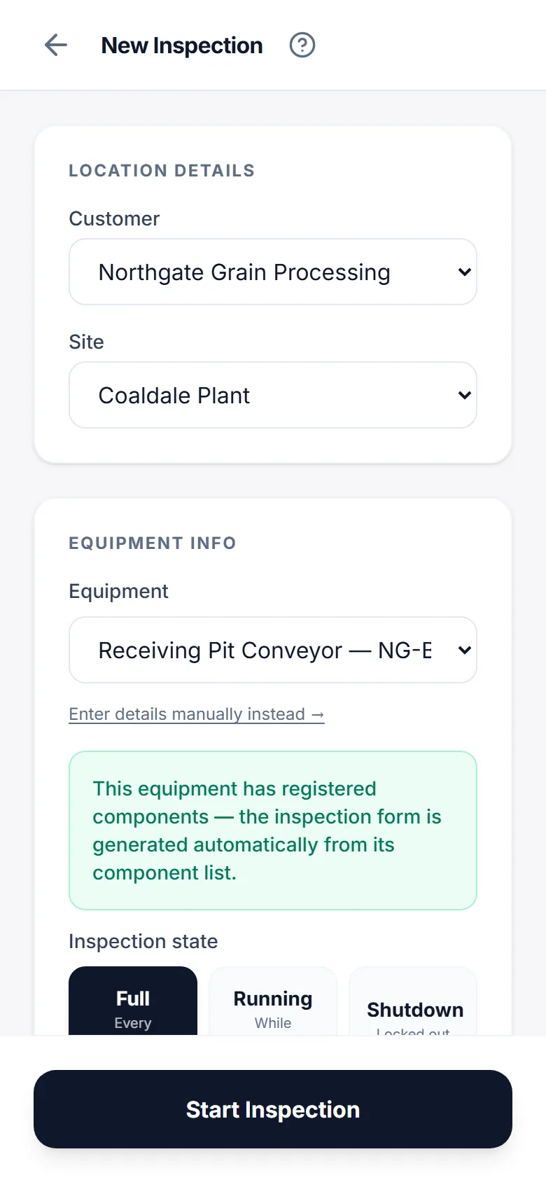 Starting an inspection on a phone: customer, site and equipment chosen from lists already stored on the device