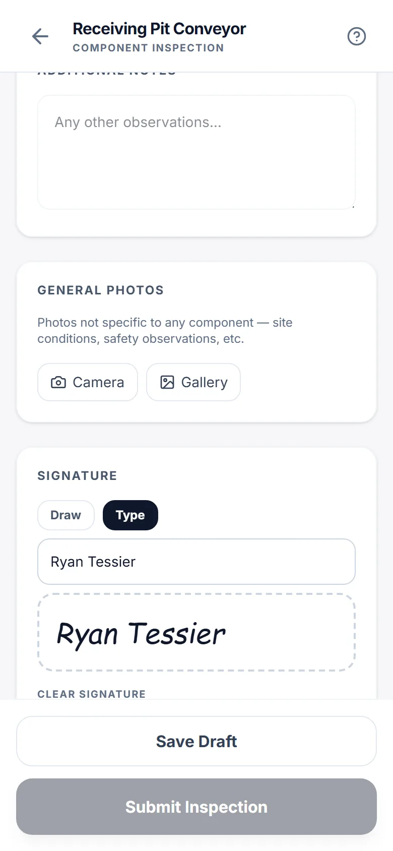 The end of an inspection on a phone: general photos, then a typed signature