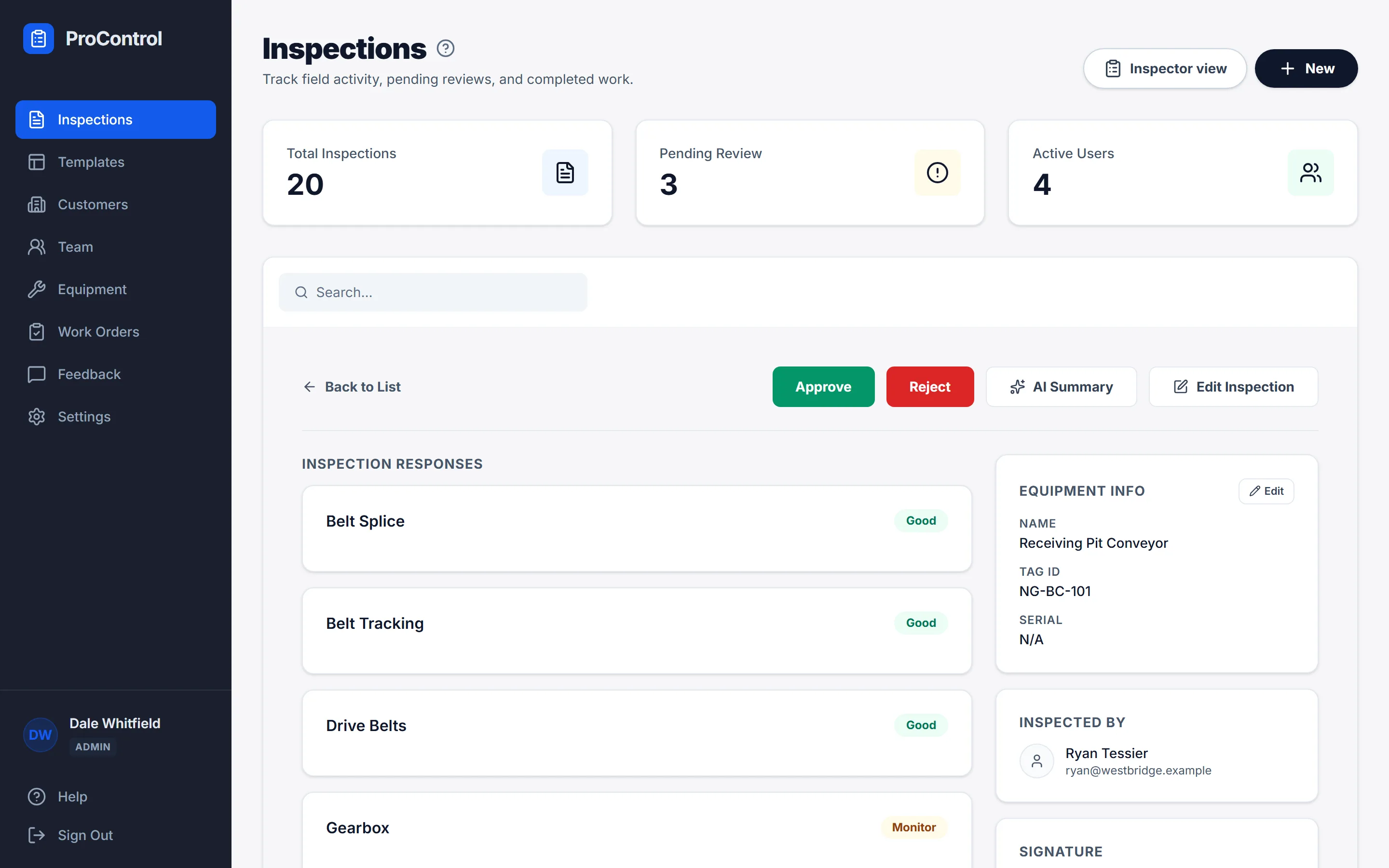 An inspection open for review on a desktop, with its findings, photos and the approve and reject actions