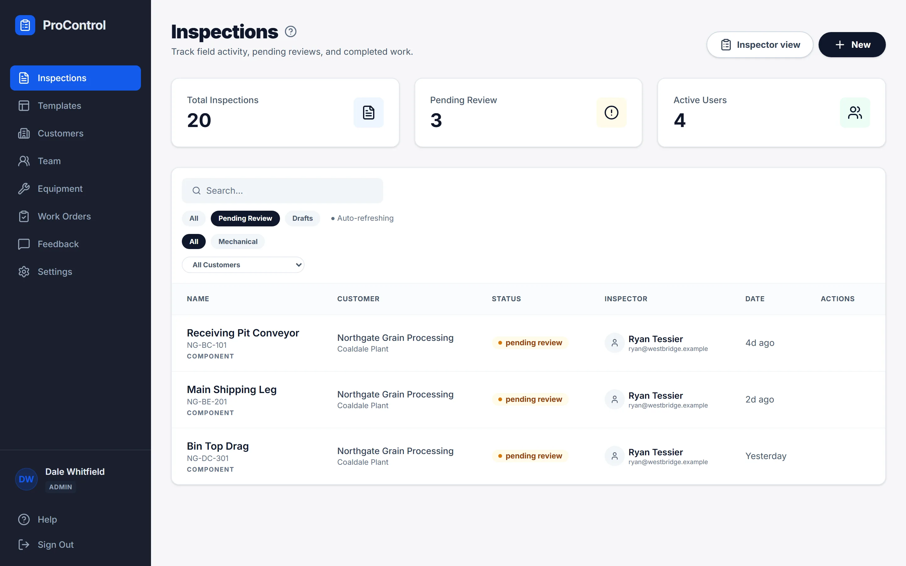 Millwright Pro review queue on a desktop: a list of submitted inspections with equipment tags, inspector names and status badges