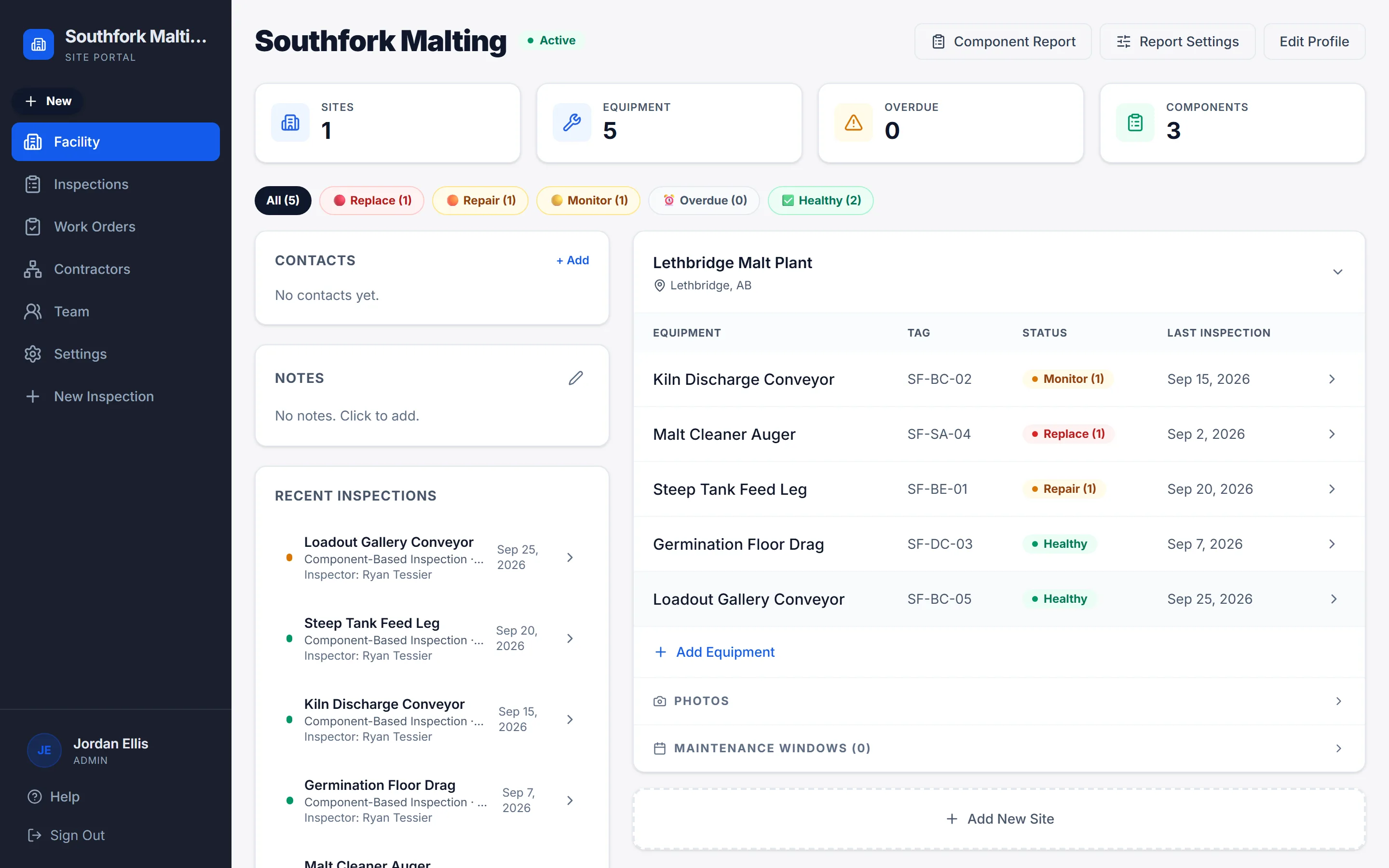 The site portal on a desktop showing a plant's facility, connected contractors and recent inspections