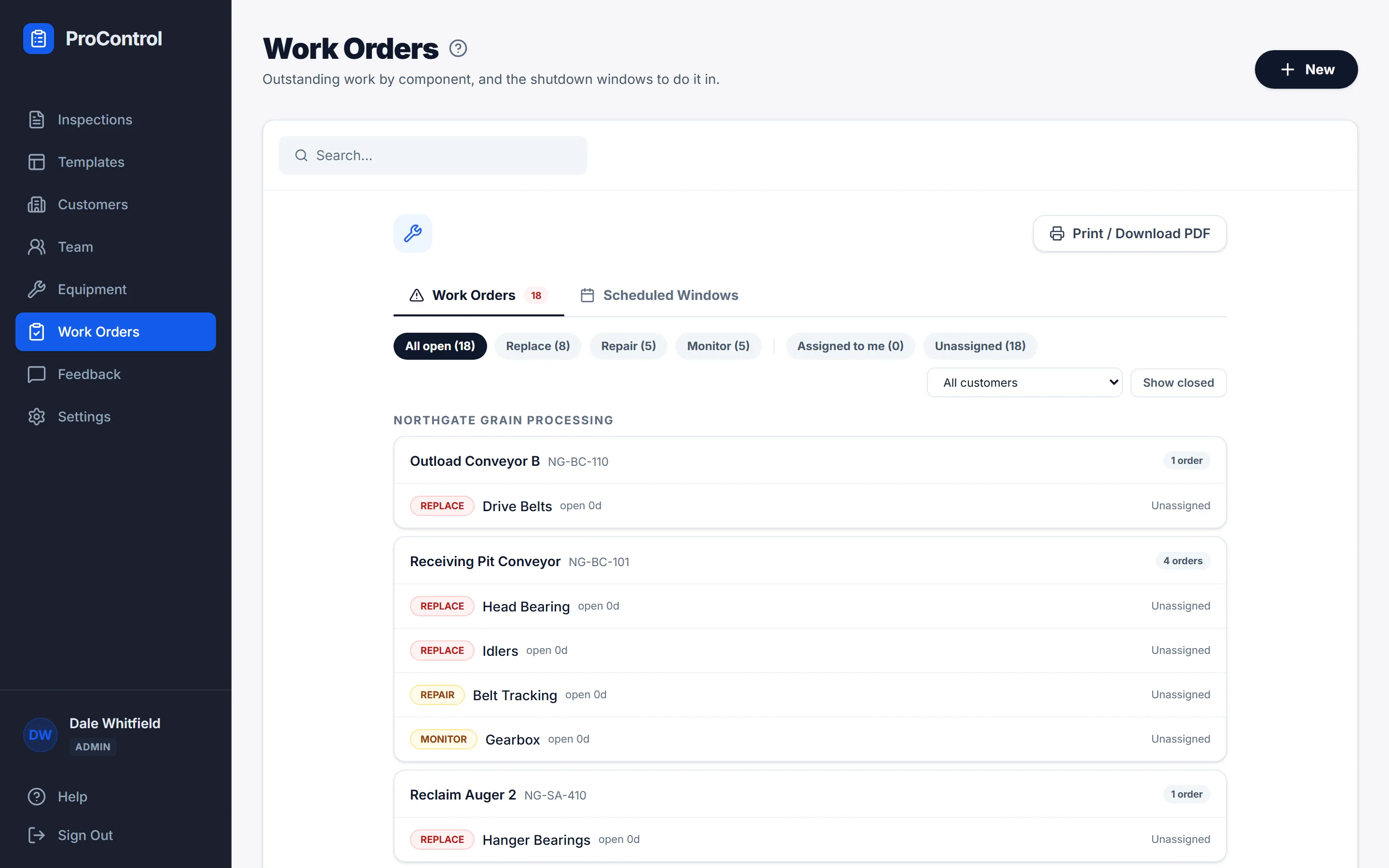 The work orders list on a desktop with assignees, due dates and the equipment each order belongs to